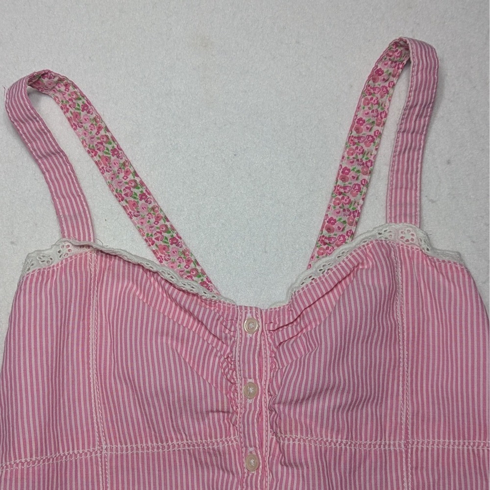 Cherokee Pink Stripe Cotton Sundress Lace Trim Button‎ Front Size L